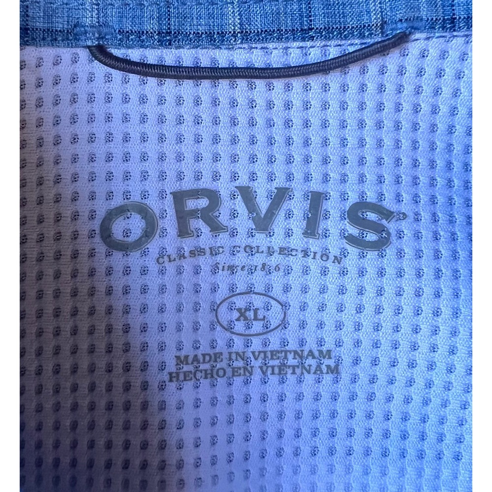 Orvis Mens XL Blue Plaid Short Sleeve Button Down Shirt Mesh Lined Hiking Top - Picture 2 of 7
